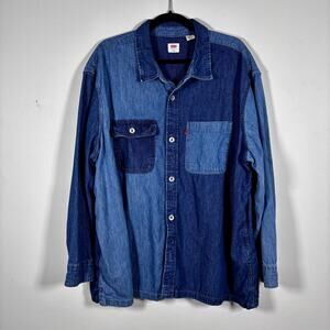 Levis Mens 2XL Denim Blue Color Block Cowboy Western Chore Work Shirt